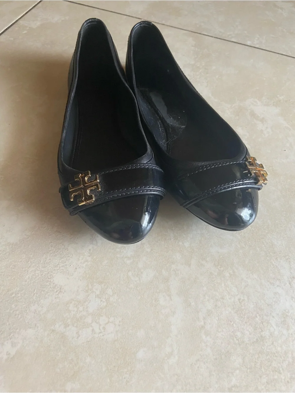 Tory Burch Eloise Black Patent Leather Logo Ballet Flats size 8.5 with dust bag